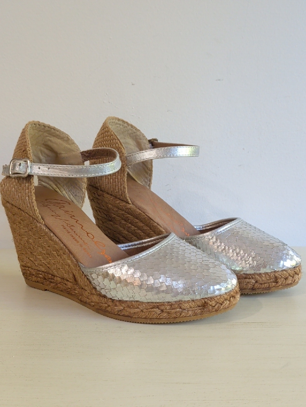 Gaimo Espadrilles Metallic Silver Wedge Espadrille Sandals with Ankle Strap